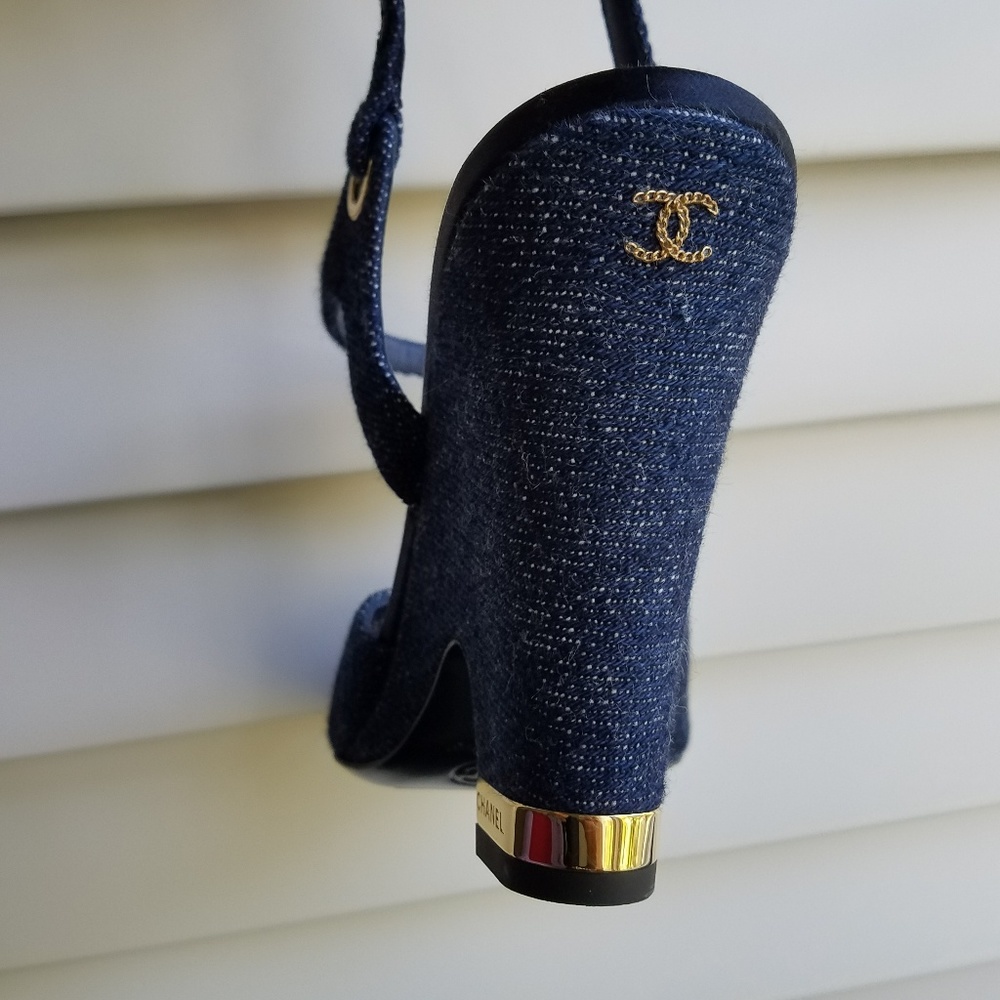 CHANEL Navy Blue Denim Wedge Heel Sandal - Picture 3 of 5
